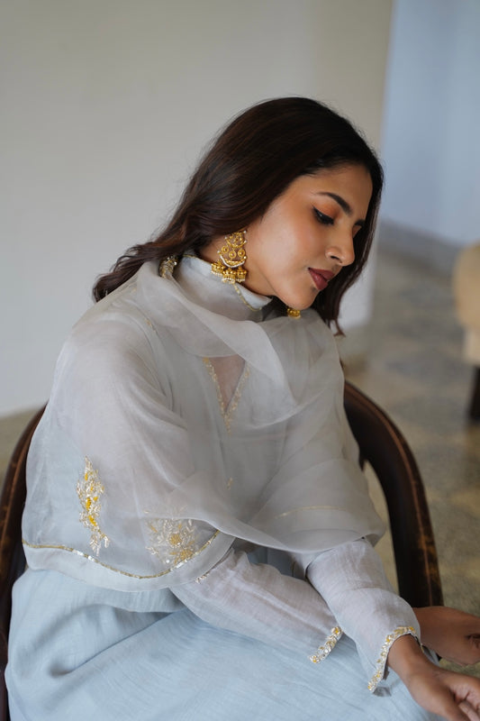 Baby Grey Chanderi and Organza Kurti Set - Zuleiha