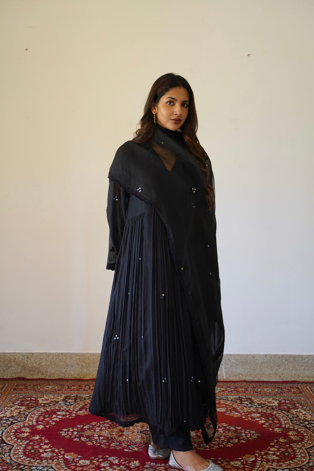 Black Chanderi and Organza Mirror work set - Zuleiha