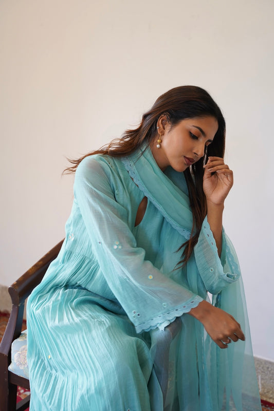 Pastel Blue Chanderi and Organza Mirror work set