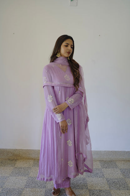 Lavender mauve Chanderi and Organza Kurti Set - Zuleiha