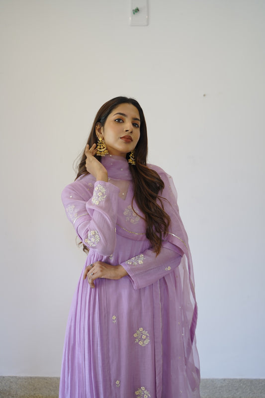 Lavender mauve Chanderi and Organza Kurti Set - Zuleiha