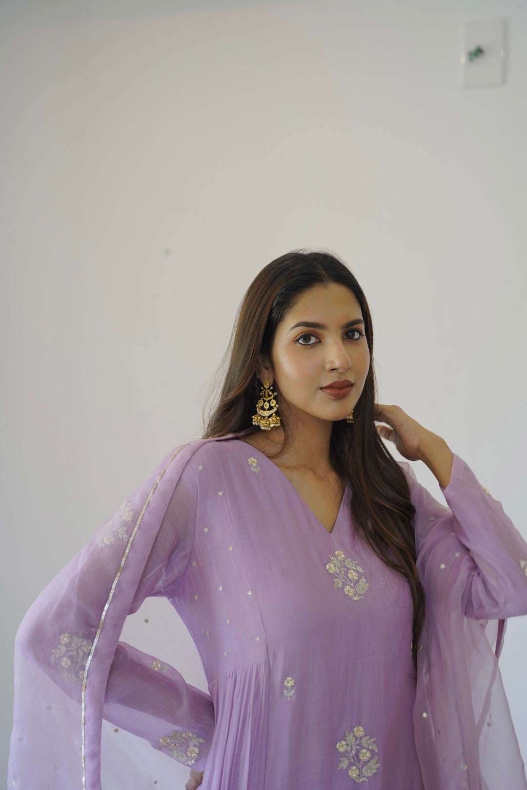 Lavender mauve Chanderi and Organza Kurti Set - Zuleiha
