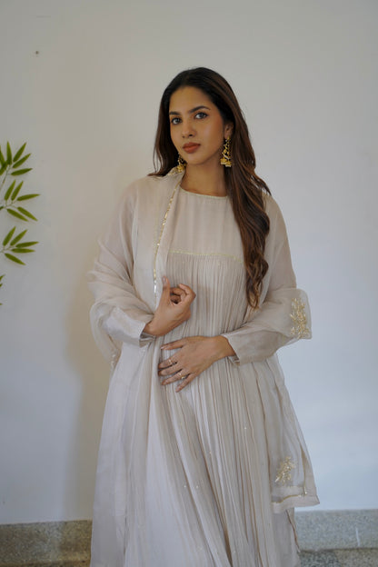 Ivory Chanderi and Organza Kurti Set - Zuleiha