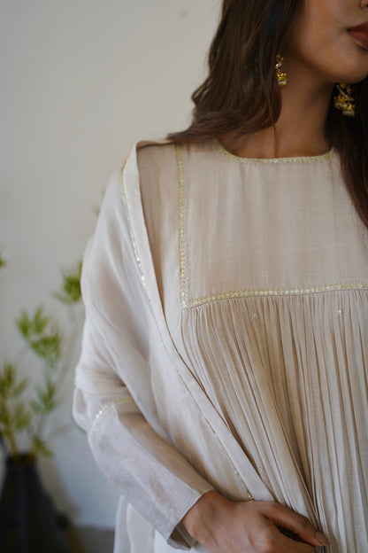 Ivory Chanderi and Organza Kurti Set - Zuleiha