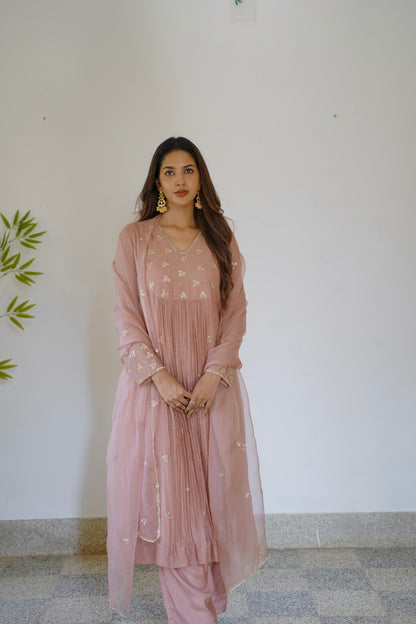Signature Mauve Chanderi and Organza Kurti Set - Zuleiha