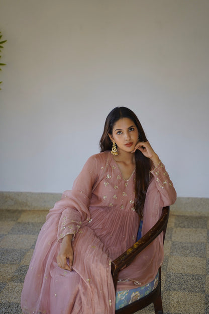 Signature Mauve Chanderi and Organza Kurti Set - Zuleiha