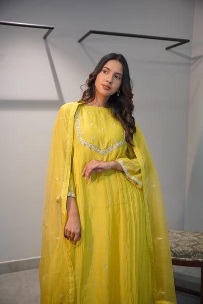 Yellow Chanderi and Organza Kurta Set - Zuleiha