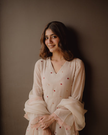 Priya Warrier in Ivory Chanderi and Organza Kurti Set