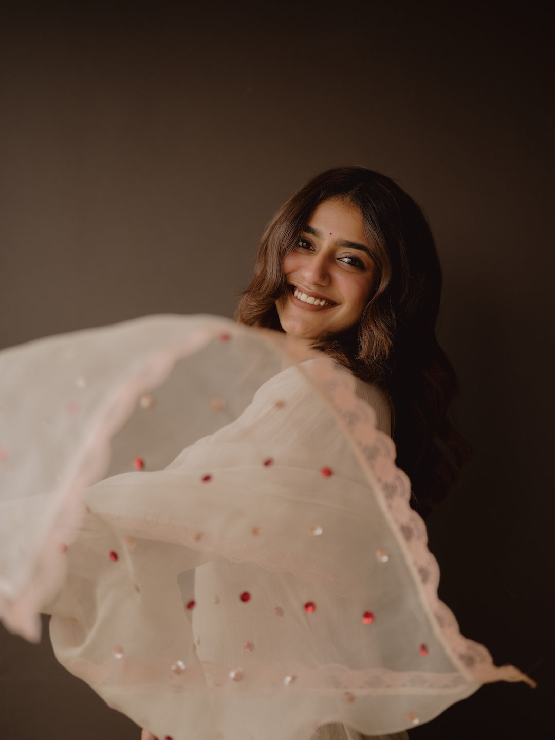 Priya Warrier in Ivory Chanderi and Organza Kurti Set