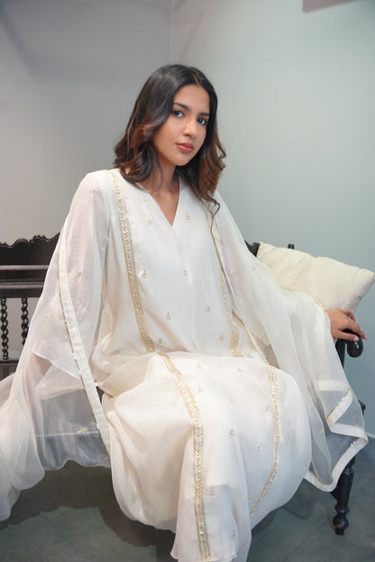Off white Chanderi and Organza Kurta Set - Zuleiha