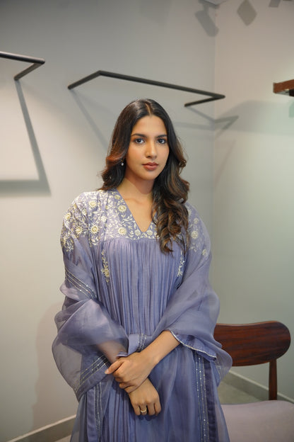 Lavender Blue Chanderi and Organza Kurta Set - Zuleiha