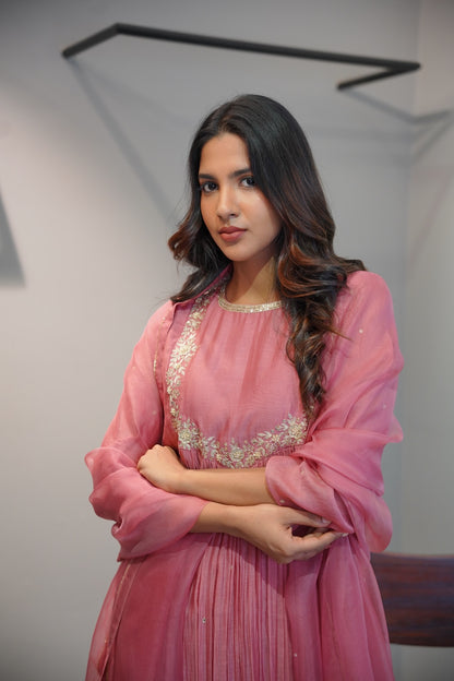 Mauve Pink Chanderi and Organza Kurta Set - Zuleiha