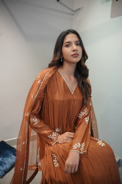 Golden Brown Chanderi and Organza Kurta Set - Zuleiha