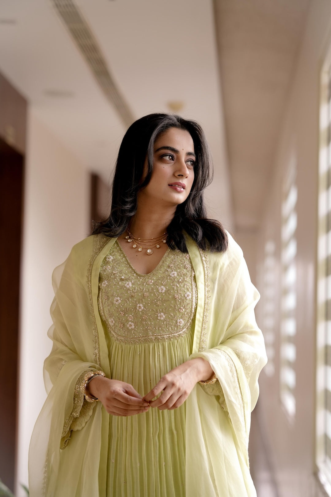 Namitha Pramod in Light Green Chanderi and Organza Suit - Zuleiha