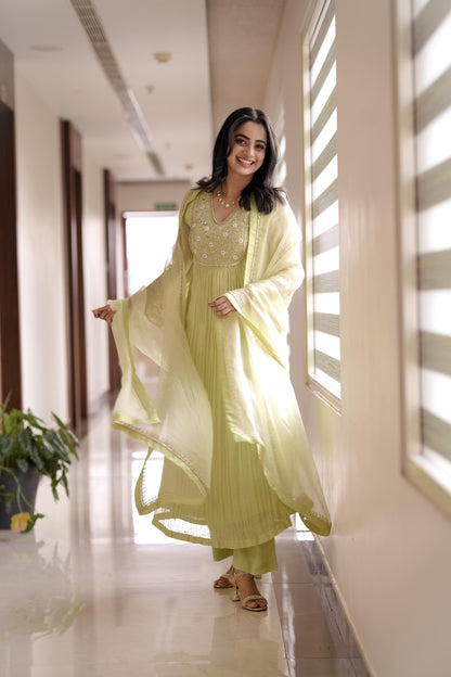 Namitha Pramod in Light Green Chanderi and Organza Suit - Zuleiha