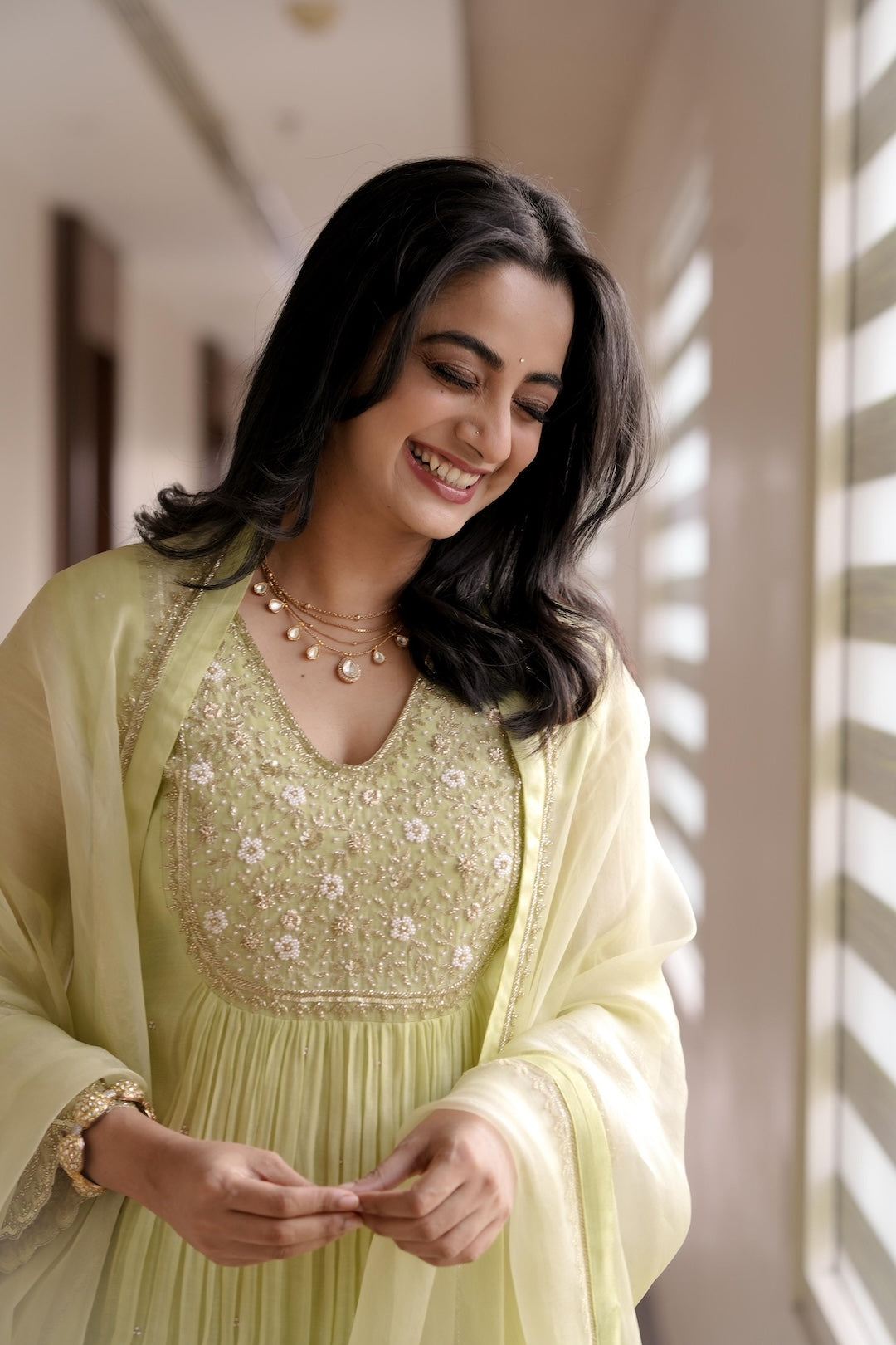 Namitha Pramod in Light Green Chanderi and Organza Suit - Zuleiha
