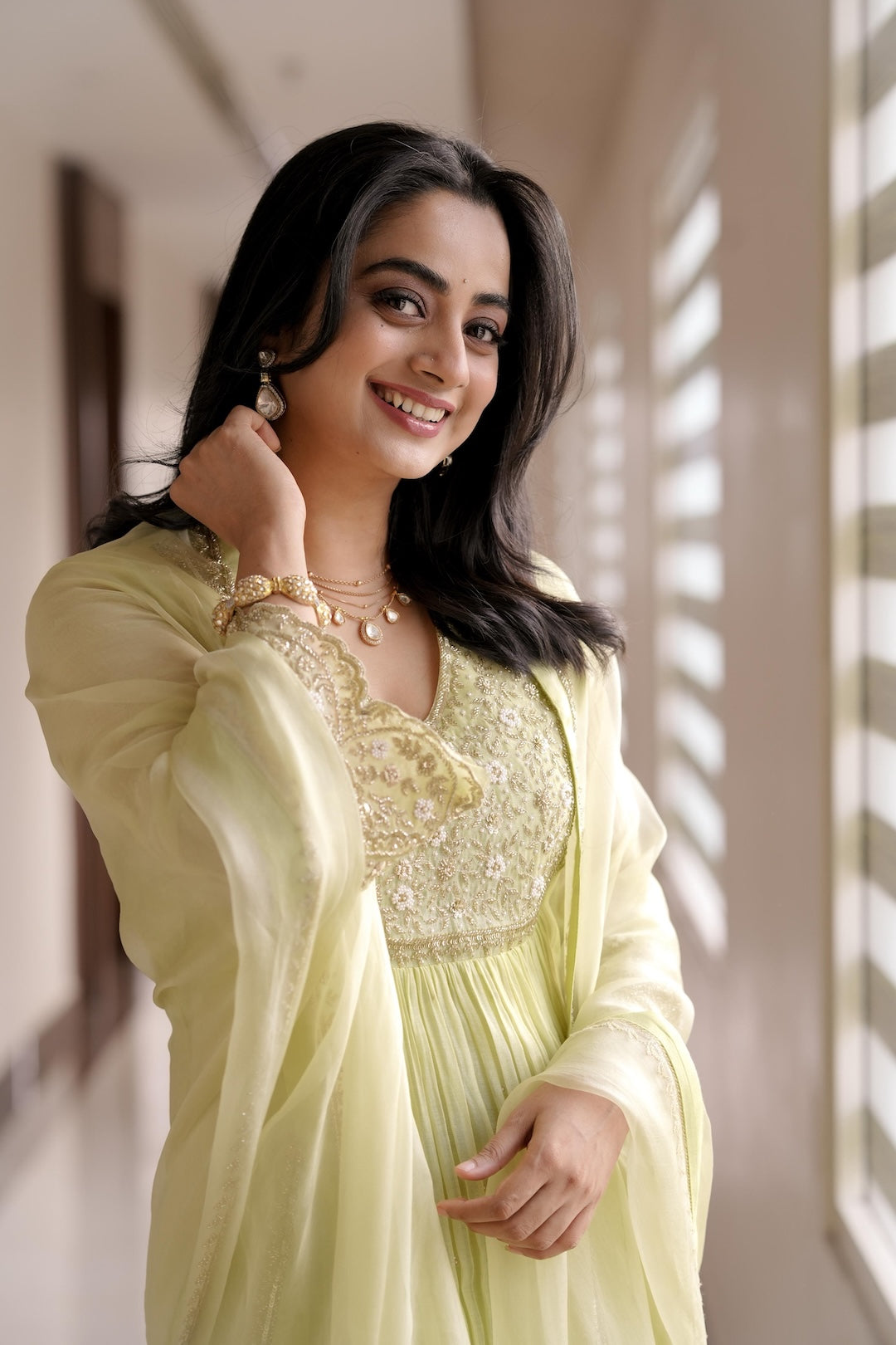 Namitha Pramod in Light Green Chanderi and Organza Suit - Zuleiha