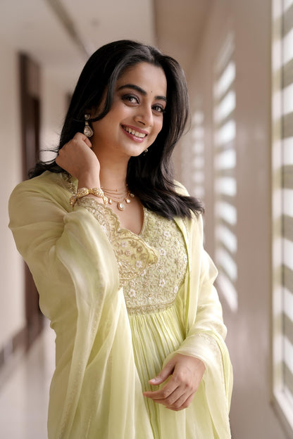 Namitha Pramod in Light Green Chanderi and Organza Suit - Zuleiha