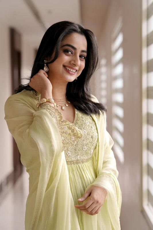 Namitha Pramod in Light Green Chanderi and Organza Suit - Zuleiha