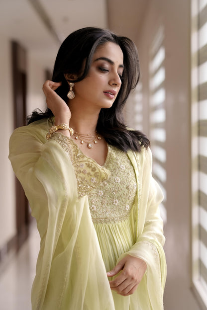 Namitha Pramod in Light Green Chanderi and Organza Suit - Zuleiha