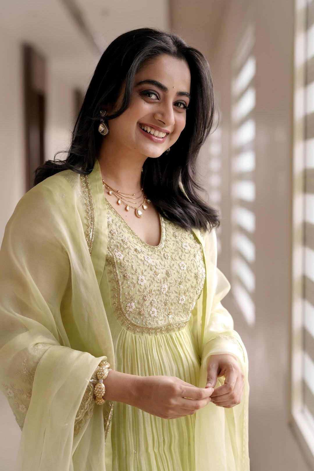 Namitha Pramod in Light Green Chanderi and Organza Suit - Zuleiha