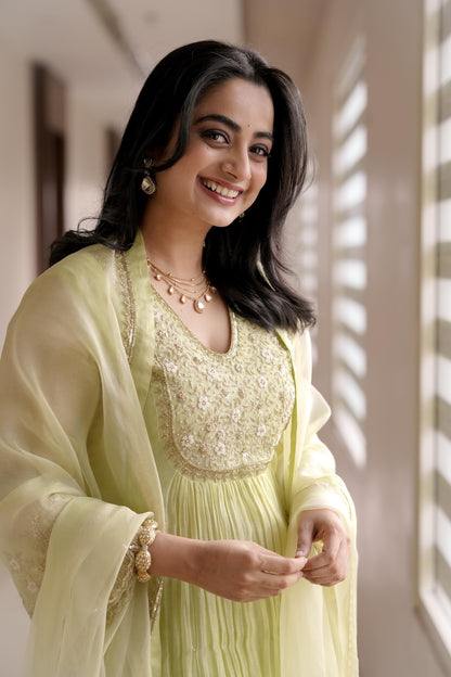 Namitha Pramod in Light Green Chanderi and Organza Suit - Zuleiha