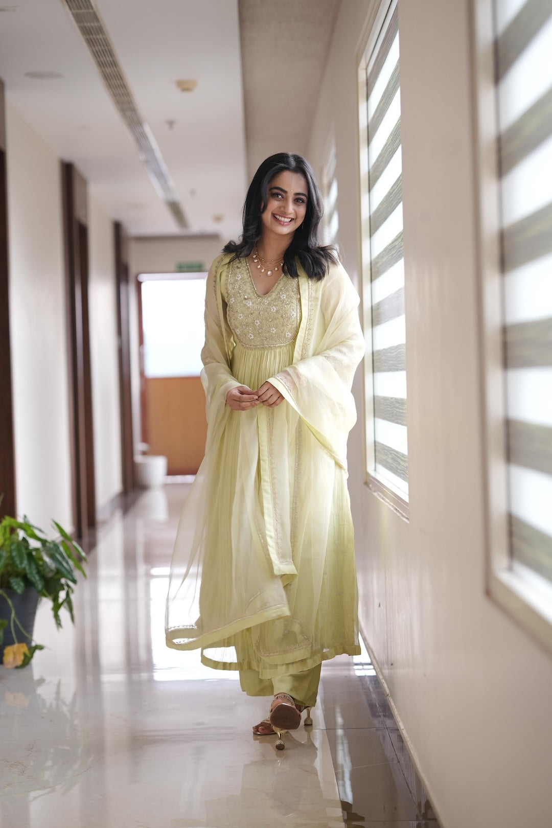 Namitha Pramod in Light Green Chanderi and Organza Suit - Zuleiha