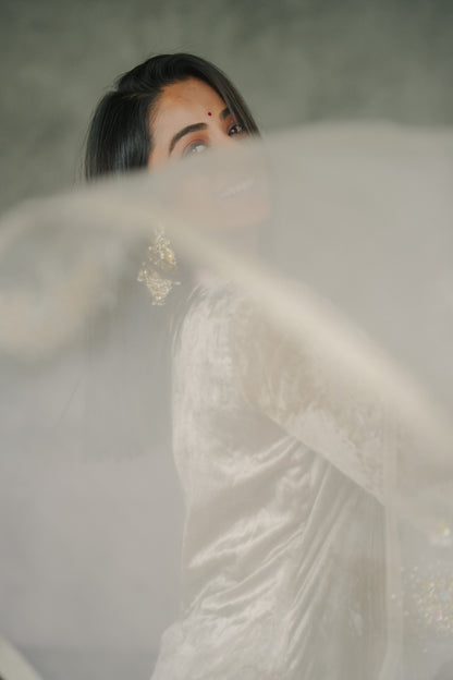 Namitha Pramod in Ivory Velvet and organza Kurti Set