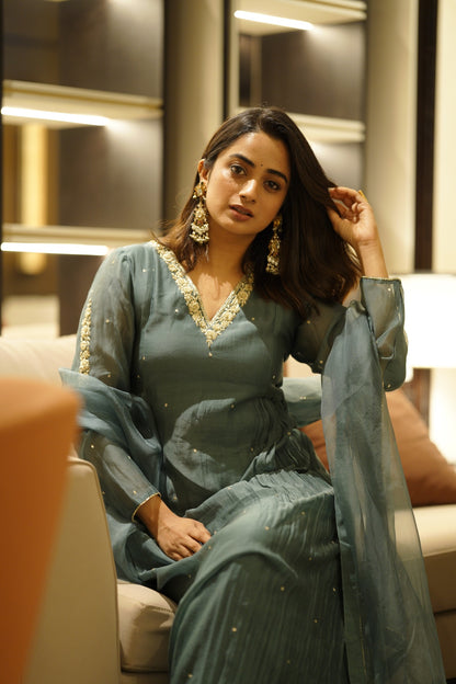 Namitha Pramod in Peacock blue chanderi and Organza kurti set