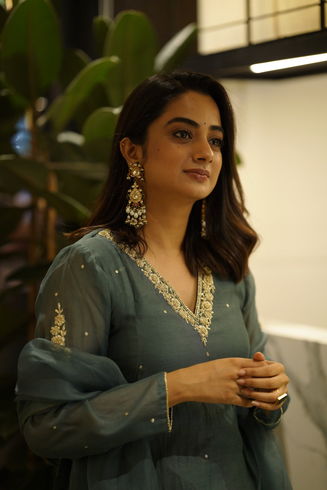 Namitha Pramod in Peacock blue chanderi and Organza kurti set