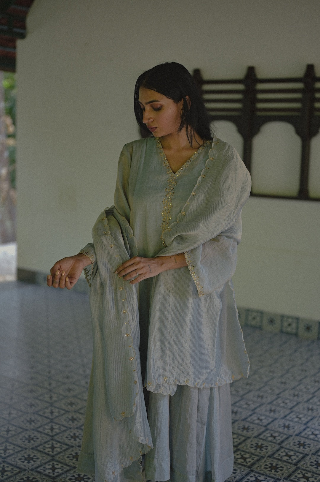 Soft Blue Chanderi Tissue Kurta Set - Zuleiha