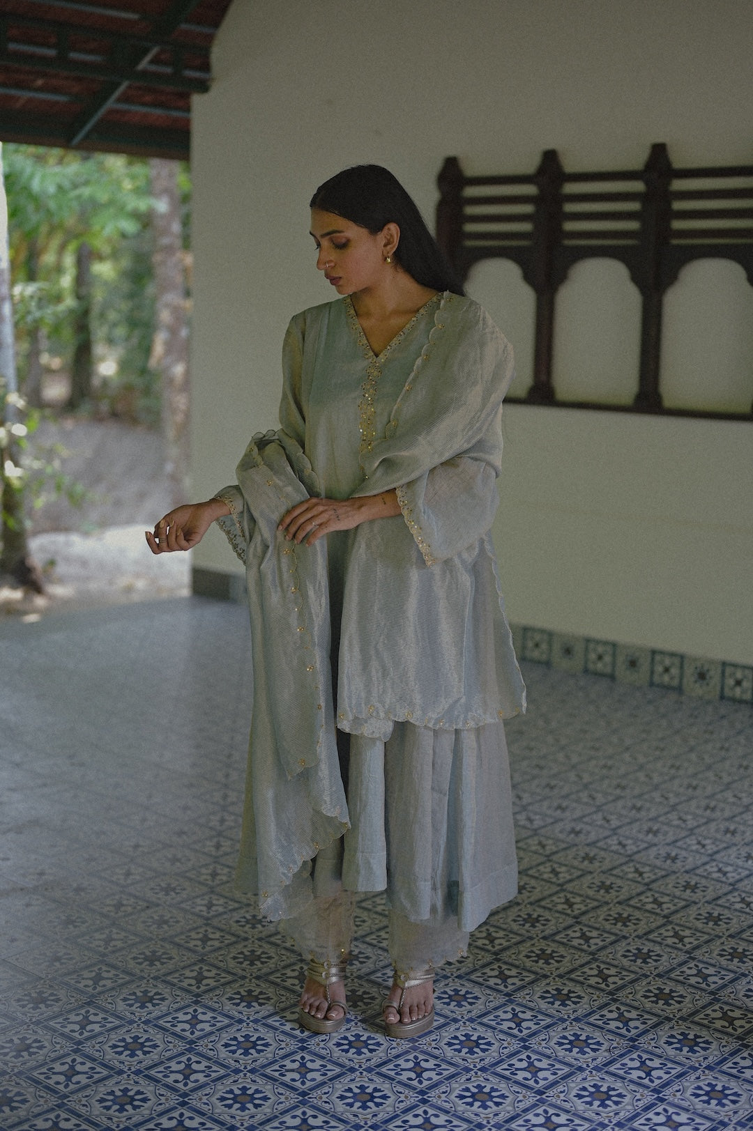 Soft Blue Chanderi Tissue Kurta Set - Zuleiha