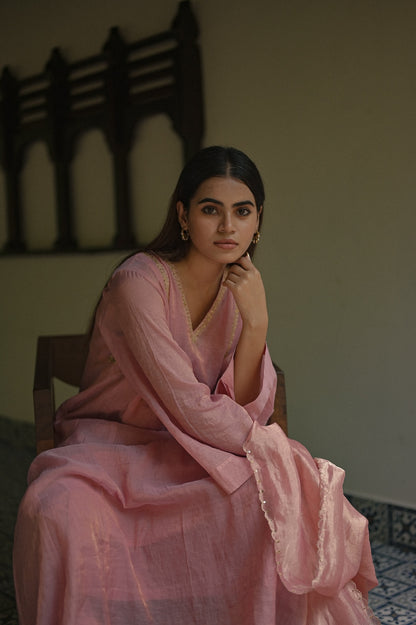 Soft Pink Chanderi Tissue Kurta Set - Zuleiha
