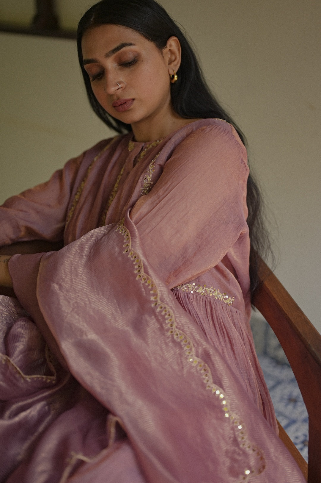 Mauve Chanderi Tissue Kurta Set - Zuleiha
