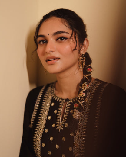 Kayadu Lohar in our Kajal Black Chanderi and Organa Set
