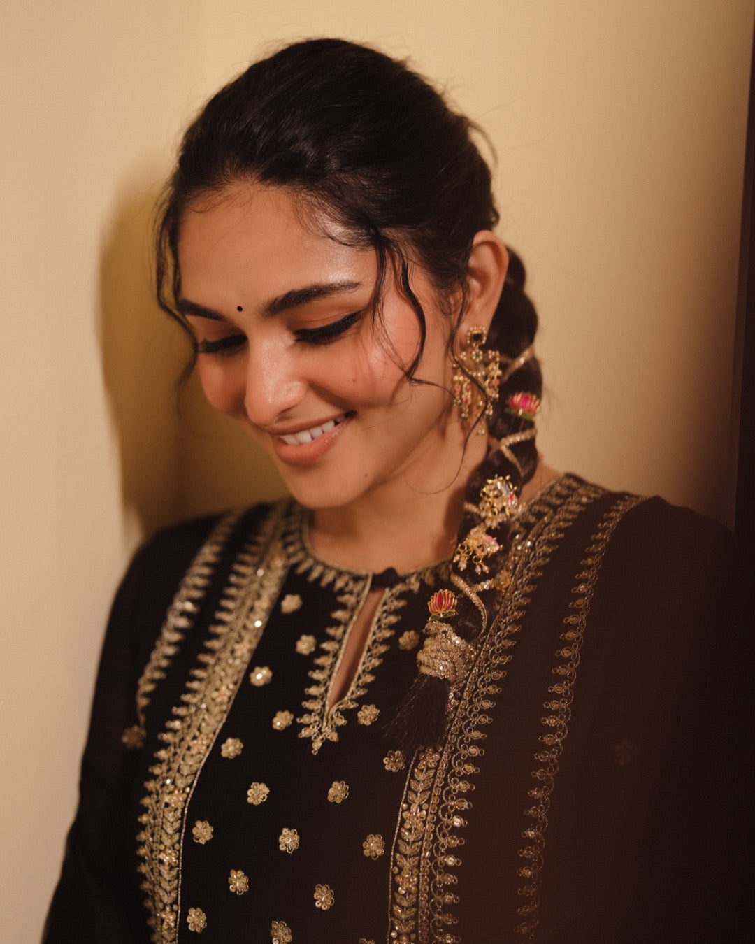 Kayadu Lohar in our Kajal Black Chanderi and Organa Set