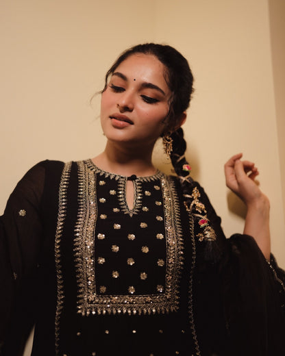 Kayadu Lohar in our Kajal Black Chanderi and Organa Set