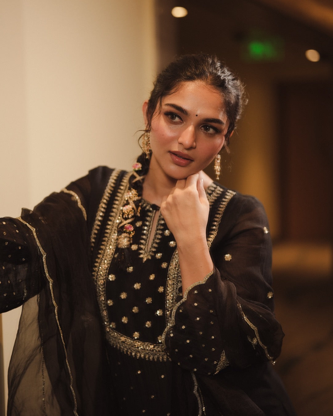 Kayadu Lohar in our Kajal Black Chanderi and Organa Set