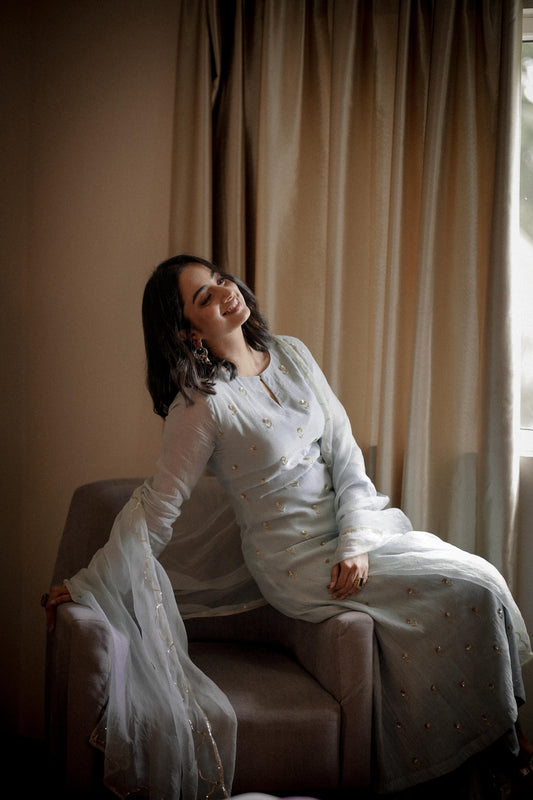 Namitha Pramod in baby blue chanderi and Organza Kurta Set
