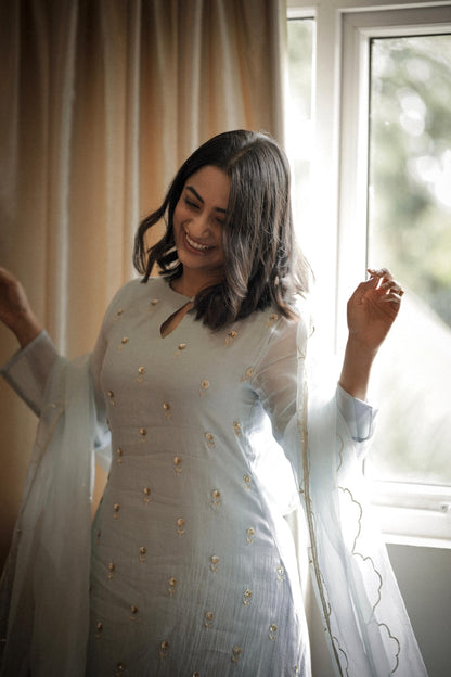 Namitha Pramod in baby blue chanderi and Organza Kurta Set