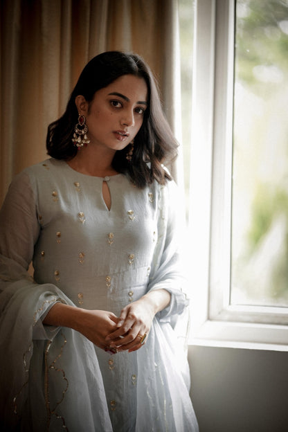 Namitha Pramod in baby blue chanderi and Organza Kurta Set