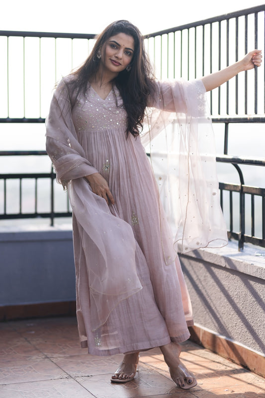 Nikhila Vimal in Grey Mirror Work Suit - Zuleiha