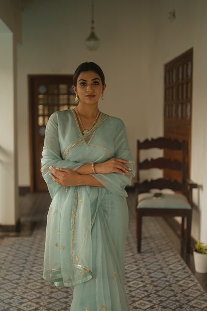 Blue Organza Saree with silk blouse - Zuleiha