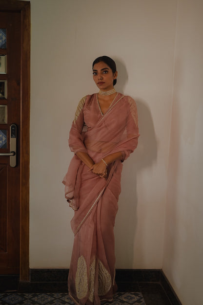 Mauve Organza Saree and Silk Blouse - Zuleiha