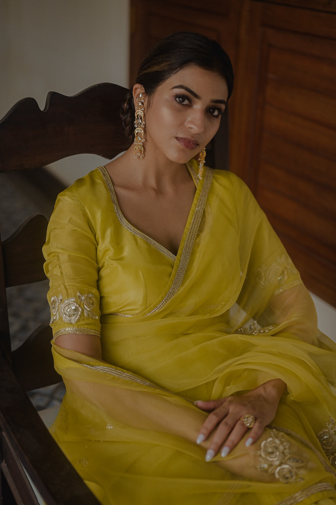 Green Organza Saree and Silk Blouse - Zuleiha