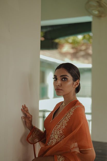 Orange Organza Saree with silk blouse - Zuleiha