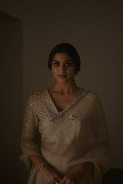 Ivory Organza Saree and Silk Blouse - Zuleiha