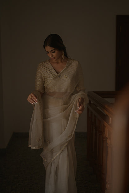 Ivory Organza Saree and Silk Blouse - Zuleiha