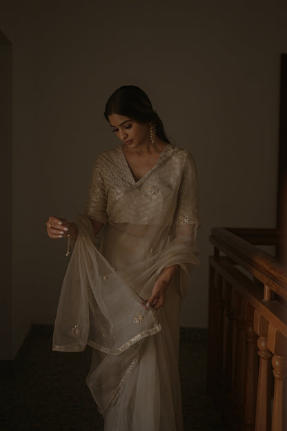 Ivory Organza Saree and Silk Blouse - Zuleiha