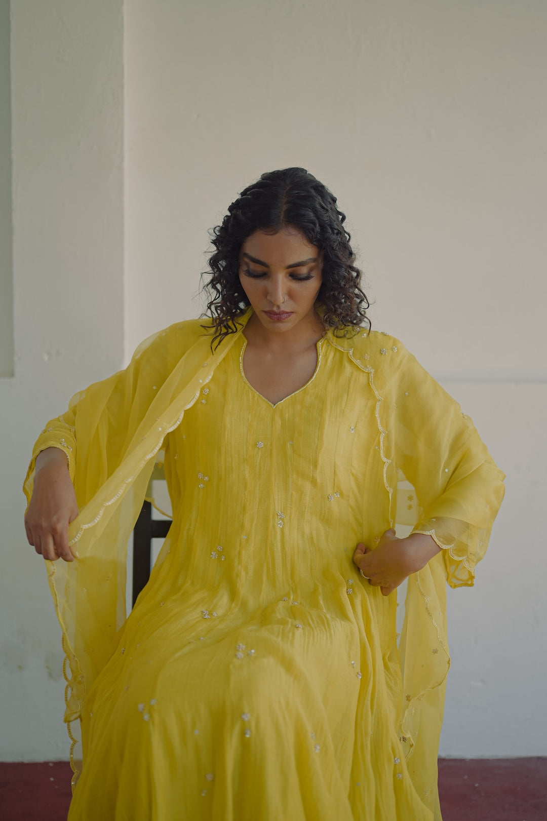Yellow chanderi and organza kurta set - Zuleiha